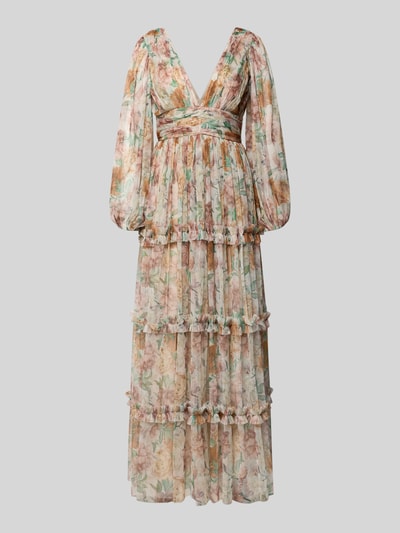 Produktfoto, Abendkleid aus Tüll mit V-Ausschnitt und Taillenband von Lace & Beads, taillierter Schnitt, Maxikleid, Stufen-Look, florale Pastellfarben, feine Tüll-Textur, transparente lange Ärmel, Kontext: Damen Abendkleid von Lace & Beads, Tüll, taillierter Schnitt, Maxikleid, Stufen-Look, V-Ausschnitt, Taillenband, Rückenlänge bei Größe S 120 cm, Brustweite 34 cm, Ärmellänge 36 cm.