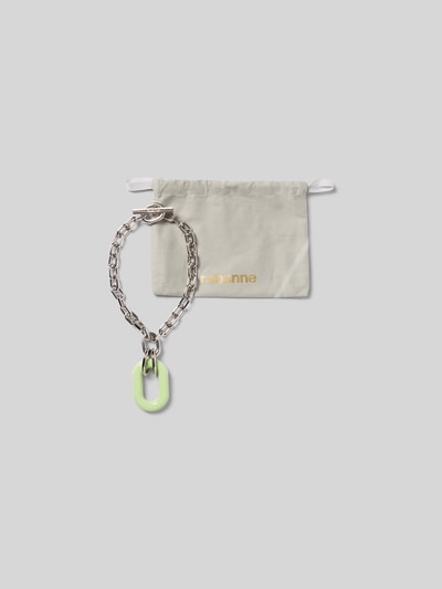 Produktfoto, Armband in Ketten-Optik von Rabanne für Damen, silberfarbenes Metall mit grünem Charm, Logo-Prägung, Tasche mit Tunnelzug, Knebelverschluss