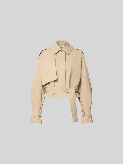 Produktfoto, Jacke aus reiner Viskose Modell 'ZYNIA' von IRO in Beige mit lockerer Passform, Bindegürtel, Eingrifftaschen, Rückenlänge 52 cm, Brustweite 52 cm, Ärmellänge 61 cm, glatte Textur, klare Linien, neutrale Farbgebung.