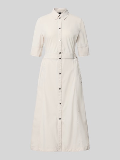 Produktfoto, Midikleid mit Umlegekragen von Marc Cain in cremefarben, taillierte Passform, elastischer Material-Mix, Knopfleiste, 1/2-Arm, Eingrifftaschen, Rückenlänge 120 cm, Brustweite 46 cm, Ärmellänge 32 cm.