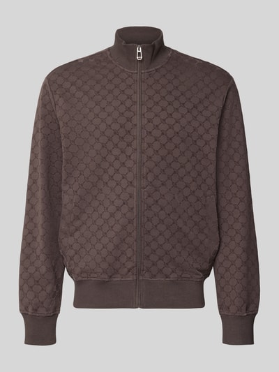 Produktfoto, braune Loose Fit Sweatjacke aus Baumwoll-Mix Modell 'Kend' von JOOP! COLLECTION mit Allover-Muster und gerippten Bündchen.