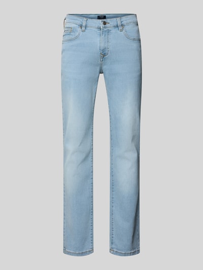 Produktfoto, Regular Fit Jeans mit Eingrifftaschen von MCNEAL w jasnoniebieskim kolorze, bawełna z domieszką elastanu, klasyczny krój, przednie i tylne kieszenie, szerokość w pasie 44 cm, długość nogawki 78 cm.