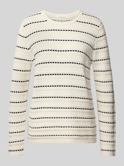Produktfoto, Regular Fit Longsleeve aus reiner Baumwolle von Christian Berg Woman, cremefarben mit schwarzen Streifen, Strick-Optik, Rundhalsausschnitt, Damen Longsleeve