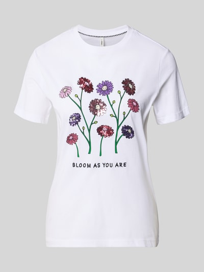 Produktfoto, Slim Fit T-Shirt aus reiner Baumwolle Modell 'KITA' von Only, weiß, Motiv-Print Blumen, Pailletten, Rundhals, unifarben, Kurzarm, Jersey