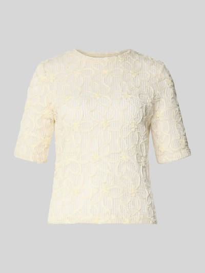 Produktfoto, Regular Fit T-Shirt mit Blumen-Applikation von Jake*s Collection, semitransparentes Design, Rundhalsausschnitt, cremefarbenes Material, Rückenlänge 52 cm bei Größe S.