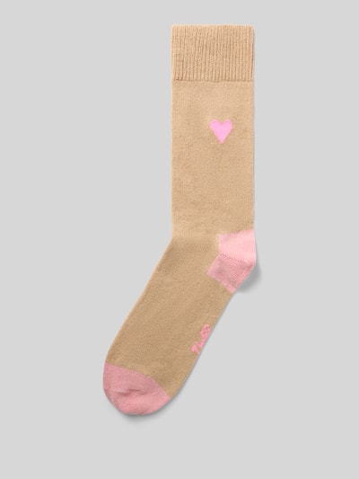 Produktfoto, Socken mit Kaschmir-Anteil und Motiv-Stitching von UNIO HAMBURG, beige mit pinkem Herz, gerippte Bündchen, Woll-Mix, Damen