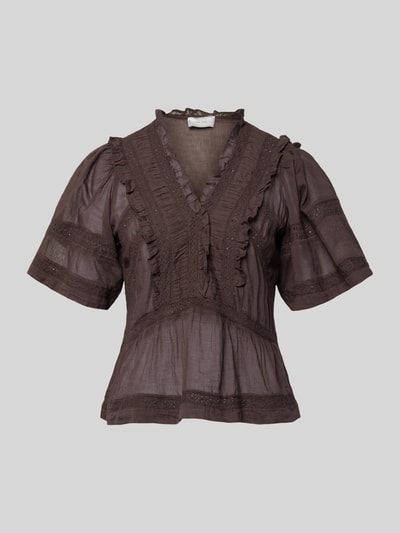Produktfoto, Blusenshirt mit Häkelspitze Modell 'Evienne' von Neo Noir z bawełny, krój slim fit, kolor brązowy, dekolt V