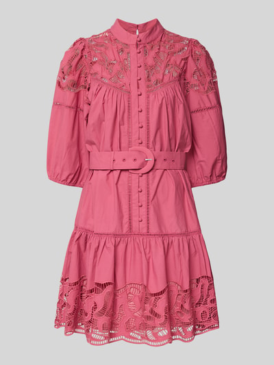 Produktfoto, Knielanges Kleid mit Spitze und Gürtel Modell 'CATY' von SUNCOO PARIS in Pink, reine Baumwolle, taillierter Schnitt, Textur aus Spitze