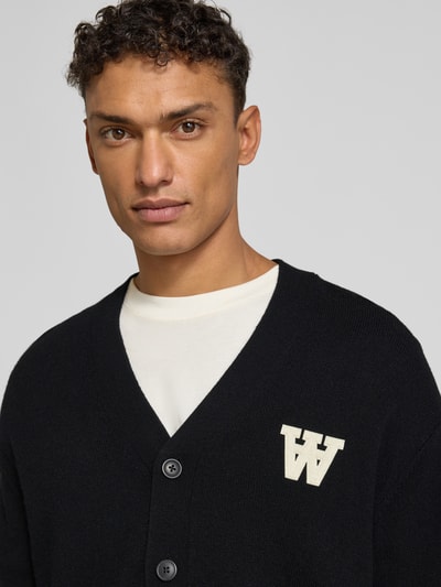 Wood Wood Gebreid jack van lamswol met V-hals, model 'Tay' Zwart - 3