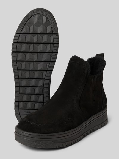 Produktfoto, Chelsea Boots aus reinem Leder von Tamaris, Optik: Unifarben, Schuhspitze rund, Absatzform: flach, Logo-Prägung, strukturierte Sohle, Materialverarbeitung: Veloursleder, Material: reines Leder