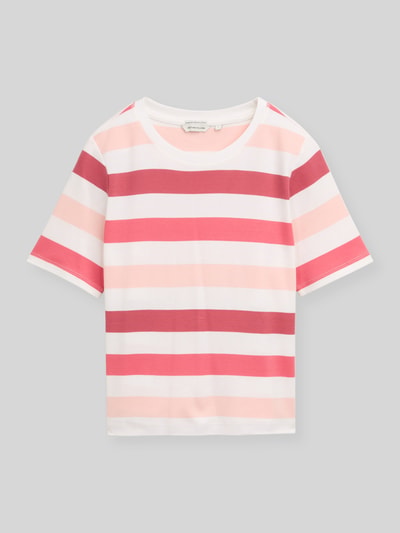 Produktfoto, Relaxed Fit T-Shirt aus reiner Baumwolle von Tom Tailor, pasiasty wzór, kolory różowy, biały, jersey, dekolt okrągły, krótki rękaw