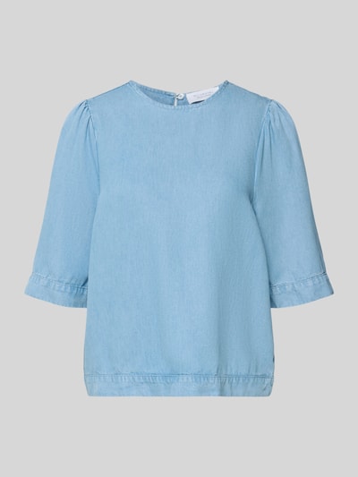 Produktfoto, Regular Fit Bluse in Denim-Optik von Rich & Royal aus Reine Baumwolle, Rundhalsausschnitt, Rückseitiger Knopfverschluss, blaue Farbe, weiche Denim-Textur, Rückenlänge 51 cm, Ärmellänge 35 cm bei Größe 36