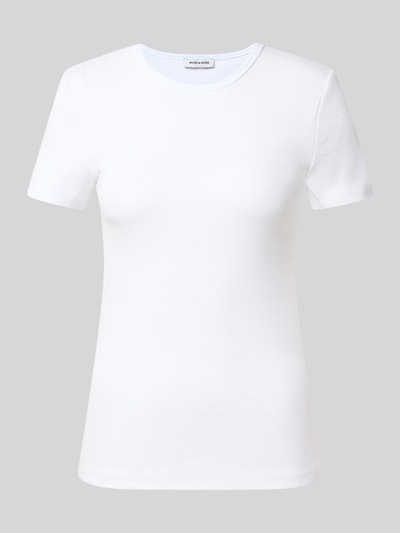 Produktfoto, Slim Fit T-Shirt aus elastischem Baumwoll-Mix von MORE, damski t-shirt z mieszanki bawełny i elastanu, krój slim fit, prążkowane, okrągły dekolt, krój z krótkim rękawem, długość tyłu w rozmiarze 36: 57 cm