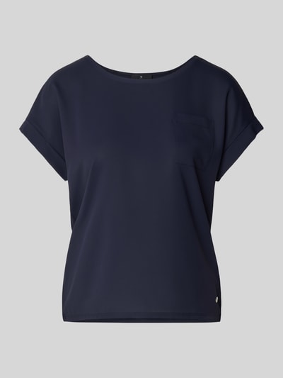 Produktfoto, Blusenshirt mit verlängertem Rücken und Brusttasche von monari, dunkelblau, glatte Oberfläche, Gerader-Schnitt, Rundhalsausschnitt, Aufschlag-Ärmel, Label-Detail, Damen, 54 cm Rückenlänge in Größe 36
