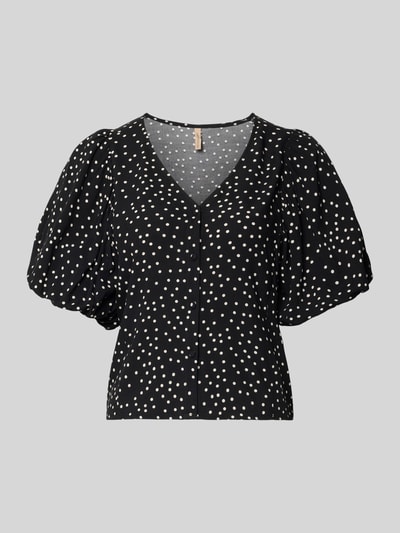 Produktfoto, blouse met korte mouwen van zuiver viscose Model 'GILDA' van Soyaconcept, zwart met witte stippen, slim fit, V-hals met knoopsluiting, pofmouwen