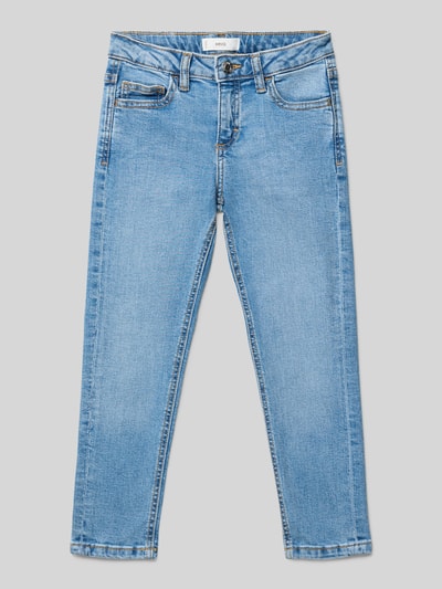 Produktfoto, Jeans mit 5-Pocket-Design von Mango aus Baumwoll-Elasthan-Mix in hellem Blau, Slim-Fit, sichtbarer Knopf- und Reißverschluss, glatte Textur.