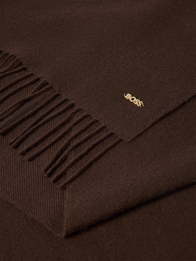 Produktfoto, Schal aus Wolle mit Logo-Detail von BOSS in Braun, unifarben, Fransen, Webware aus reiner Wolle, Detailaufnahme