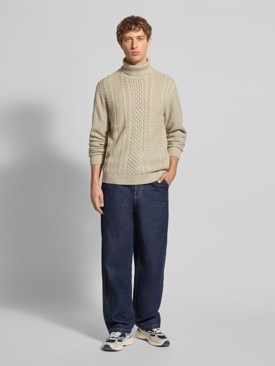 Jack & Jones Rollkragenpullover mit Zopfmuster Modell 'PAUL' Offwhite Melange 1
