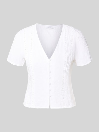 Produktfoto, Slim Fit Bluse mit V-Ausschnitt von Jake*s Casual aus reiner Baumwolle, Weiß, strukturierte Oberfläche, Knopfleiste, kurze Ärmel