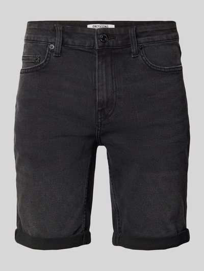 Produktfoto, Regular Fit Jeansshorts aus Baumwoll-Mix mit Viskose-Anteil Modell 'SPY' von Only & Sons, czarny denim, 5 kieszeni, naszywka z logo, szlufki na pasek, zapięcie na guzik i zamek błyskawiczny, wykończenie splot twill, mieszanka bawełny i wiskozy
