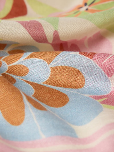 Produktfoto, Schal aus Seiden-Kaschmir-Mix Modell 'Jolk' von HERZENS, floraler Allover-Print in Blau, Orange, Rosa und Grün, feine Struktur, Rechteckige Passform, Breite 130 cm, Länge 130 cm