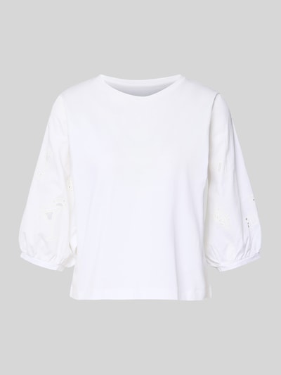 Produktfoto, T-Shirt mit 3/4-Arm und Lochstickerei von Marc Cain in Weiß aus Reine Baumwolle, Regular-Fit, Rundhalsausschnitt, Rückenlänge 52 cm in Größe 36