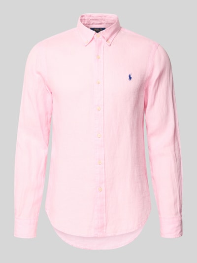 Produktfoto, Slim Fit Freizeithemd aus reinem Leinen von Polo Ralph Lauren in Optik: Unifarben, zartrosa, Button-Down-Kragen, Logo-Detail, Struktur Flammgarn