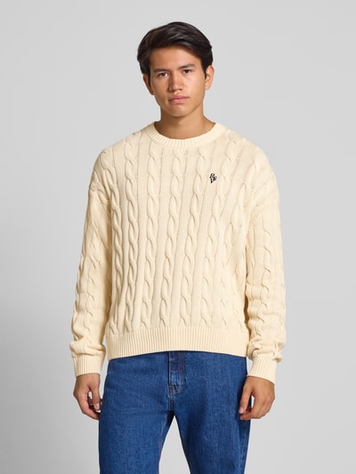 REVIEW Sweter z dzianiny ze ściegiem warkoczowym i wyhaftowanym logo Écru 4