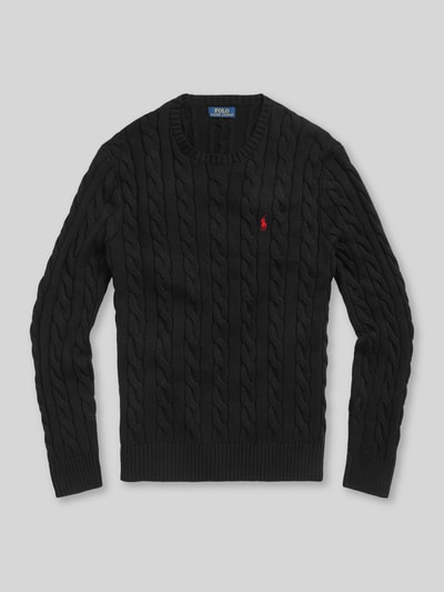 Produktfoto, Regular Fit Strickpullover aus reiner Baumwolle von Polo Ralph Lauren, czarny, wzór w warkocze, krój regular fit, logo, okrągły dekolt, długi rękaw, prążkowane wykończenia, dzianina