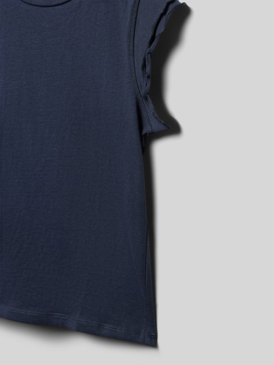 Produktfoto, dunkelblaues Kinder T-Shirt mit Wellensaum an den Ärmeln Modell 'LILI' von Mango, Reine Baumwolle, Gerader-Schnitt, Rundhalsausschnitt, Rückenlänge 42 cm bei Größe 128