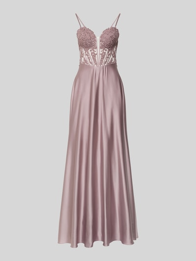 Produktfoto, Abendkleid mit floralem Spitzenbesatz von Mascara in Altrosa, semitransparentes Design, Satin-Rockteil, taillierte Passform.