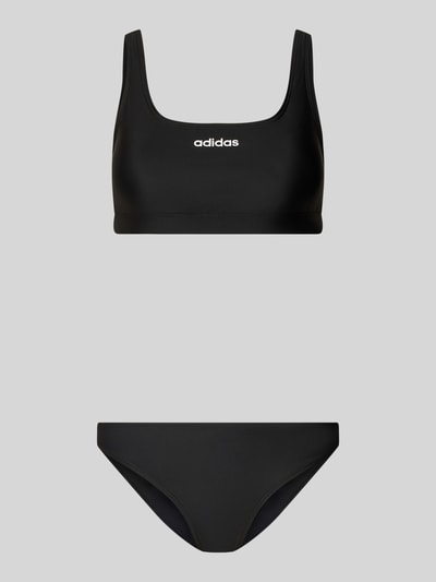 Produktfoto, schwarz unifarbenes Bikini Set mit Label Print Modell 'BRAL BK S' von adidas Sportswear, schmale Träger, ohne Bügel, gefüttert, zweiteilig