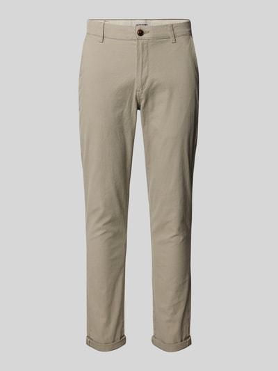 Produktfoto, Straight Fit Stoffhose aus Baumwoll-Mix Modell 'MARCO FURY' von JACK & JONES für Herren, beige, mit Knopf- und Reißverschluss, Eingriff- und Gesäßtaschen, Bundweite 44 cm, Innenbeinlänge 77 cm, glatte Struktur.