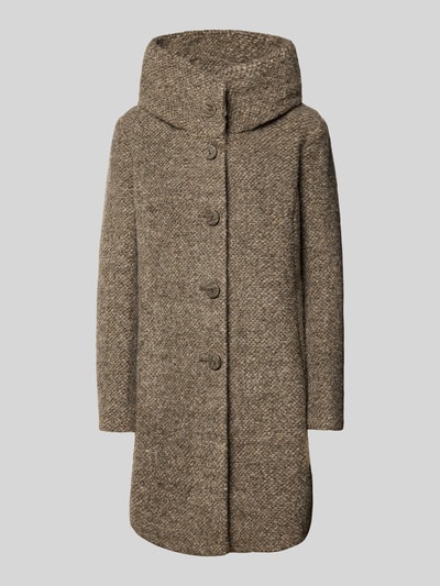 Produktfoto, brauner Mantel mit Knopfleiste Modell 'STELLA' von Milo Coats, feste Struktur, hoher Kragen, mittellange Form, Regular Fit.