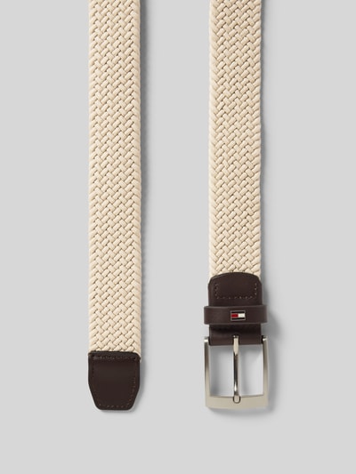 Produktfoto, Gürtel mit Rindsleder-Details Modell 'ADAN 3.5' von Tommy Hilfiger, beige Flechtoptik, Strukturmuster, braune Lederapplikation, silberne Dornschließe