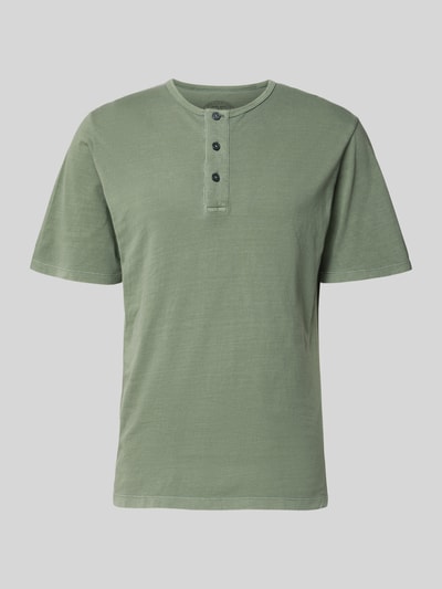 Produktfoto, T-Shirt mit Rundhalsausschnitt und Knopfleiste von Jack & Jones Premium aus Reine Baumwolle, Regular-Fit, grün, Rückenlänge 68 cm bei Größe M.