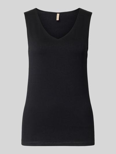 Produktfoto, schwarzes Top mit V-Ausschnitt Modell 'Marica' von Soyaconcept im Slim-Fit aus Lyocell-Elasthan-Mix, Rückenlänge 60 cm Größe S