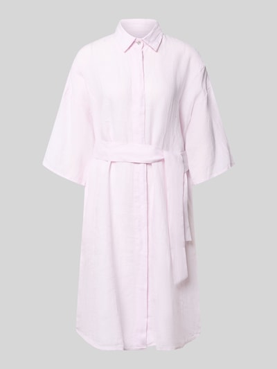 Produktfoto, Regular Fit Leinenkleid aus reinen Leinen Modell 'Derby' von 0039 Italy, krój regular fit, półprzezroczysty len, wykładany kołnierz, przezroczysta listwa guzikowa, materiałowa tasiemka, długość tyłu 96 cm, szerokość w rozmiarze S 59 cm, długość rękawów 24 cm