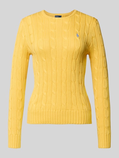 Produktfoto, Regular Fit Strickpullover aus reiner Baumwolle Modell 'JULIANNA-LONG' von Polo Ralph Lauren in Gelb mit Zopfmuster, Crew Neck, gerippte Abschlüsse, unifarbene Strick-Optik