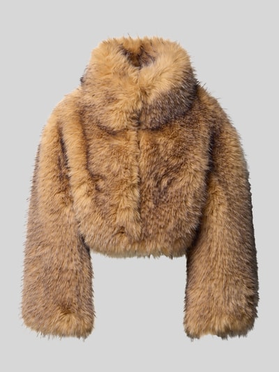 Produktfoto, Regular Fit Jacke aus Kunstfell von ROTATE in warmem Braun mit Stehkragen, cropped, weiche Fellstruktur, Damenjacke