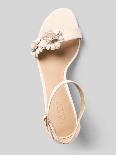 Produktfoto, Sandaletten aus echtem Leder Modell 'ALLIE' von Lauren Ralph Lauren, Optik: Unifarben, abgerundete Spitze, Stiletto, Zierblume, Dornschließe, leicht strukturierte Sohle