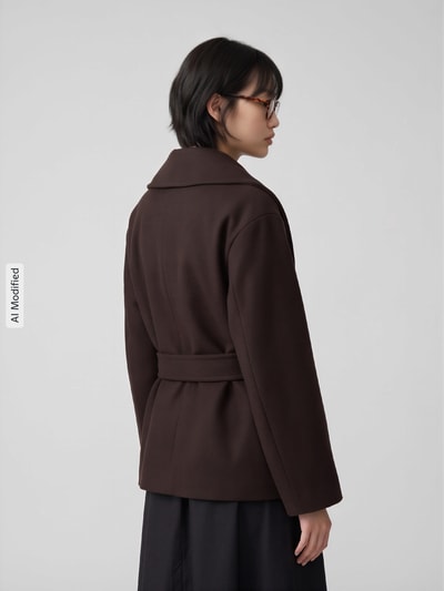 Männermodel trägt brązowy Regular Fit Teddy- / Webpelzjacke mit wiązany pasek Modell 'ANNE' von VERO MODA, damska, Ganzkörperansicht Rückansicht, KI-modifiziertes Bild.
