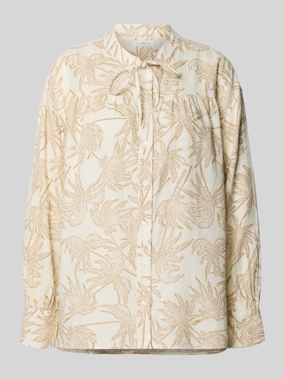 Produktfoto, Leinenbluse mit Rundhalsausschnitt und Schnürung van Fynch-Hatton, linnenmix met viscose, regular fit, knoopsluiting, beige met palmbladmotief
