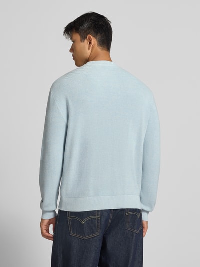 Männermodel trägt hellblauen Regular Fit Strickpullover aus reiner Baumwolle von REVIEW, strukturierte Oberfläche, Ganzkörperansicht Rückansicht.