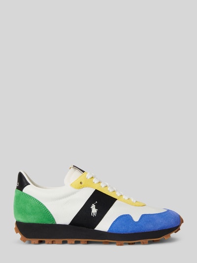 Produktfoto, Sneaker mit Schnürverschluss Modell 'PRL TRAIL 125' von Polo Ralph Lauren, skórzany miks, zaokrąglony nosek, detale z logo, strukturalna podeszwa, wysokość obcasa 4 cm w rozmiarze 40, wysokość cholewki 8 cm w rozmiarze 40, szerokość w rozmiarze 40: 7 cm, kolory biały, zielony, żółty, niebieski, czarny, faktura zamszu i skóry.