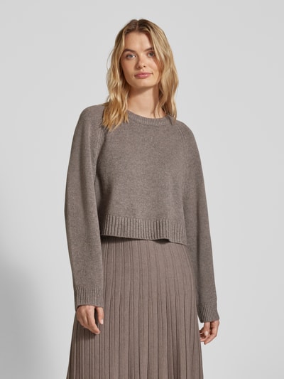 Oui Cropped Strickpullover mit Rundhalsausschnitt Taupe 4