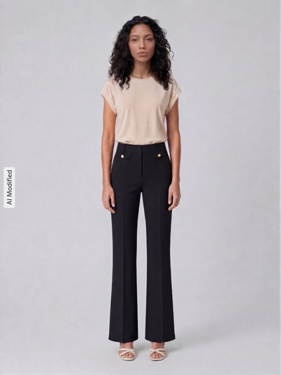 Vrouwenmodel draagt zwarte Regular Fit schmale broek met model 'FLEUR' van CAMBIO, Dames broek, kleuren beige en zwart, frontaal volledig.