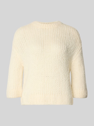 Produktfoto, cremefarbener Regular Fit Pullover mit Woll-Alpaka-Anteil Modell 'Tariah' von Someday, Strick-Optik, Rundhalsausschnitt, elastische Abschlüsse.