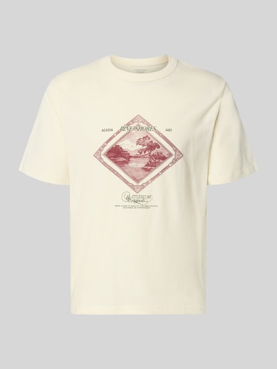 Produktfoto, T-Shirt mit Label-Print Modell 'NIAGARA' von JACK & JONES, Herren T-Shirt aus reiner Baumwolle in Creme mit geradem Schnitt und Rundhalsausschnitt.