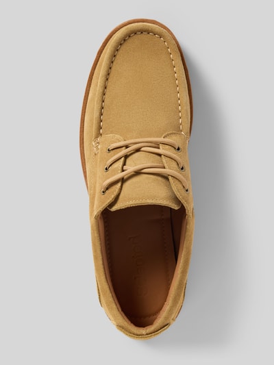 Produktfoto, Schnürschuhe aus echtem Rindsleder Modell 'HOLGER SUEDE' von SELECTED HOMME in Beige, unifarbene Optik, abgerundete Schuhspitze, Blockabsatz, Label Print, Schnürung, profilierte Sohle, glatte Lederstruktur